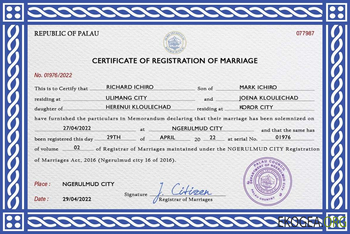 Modèle PSD de certificat de mariage des Palaos